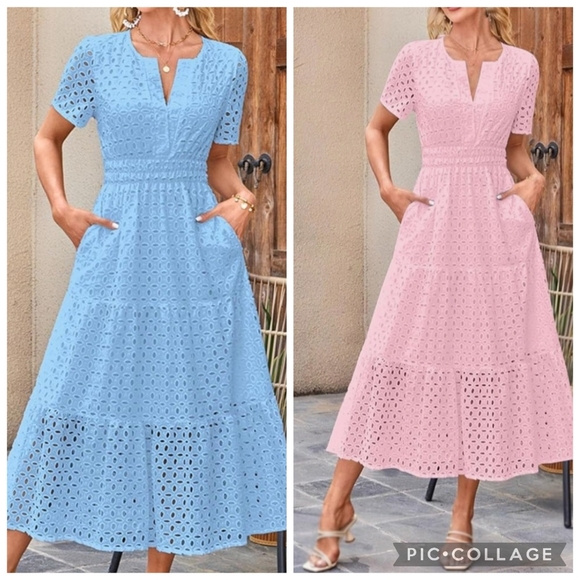 Zesica Dresses & Skirts - Zesica V-Neck Hollow Out Eyelet Ruffle Swing A-Line Dress Size Large NWT